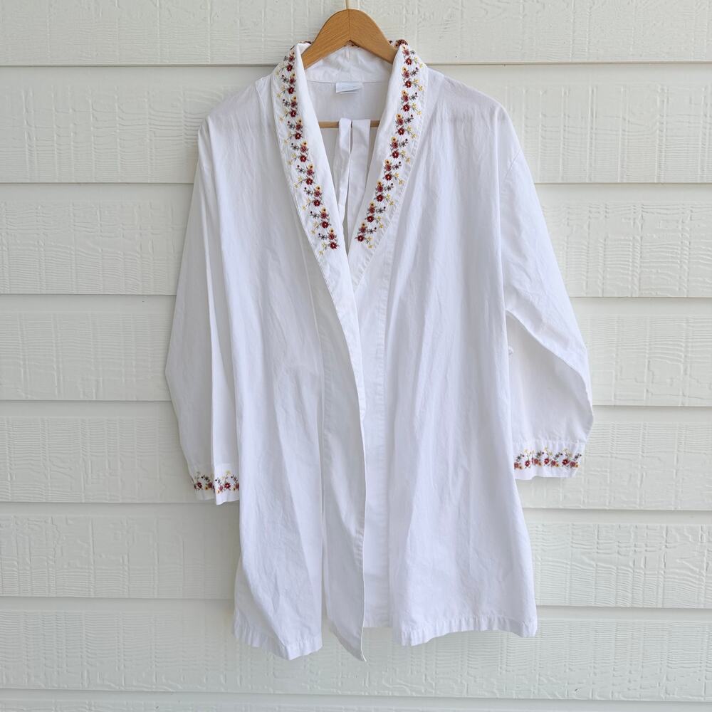 Pottery Barn Bed Bath Y2K Floral Embroidered Cotton Robe Women’s Small
